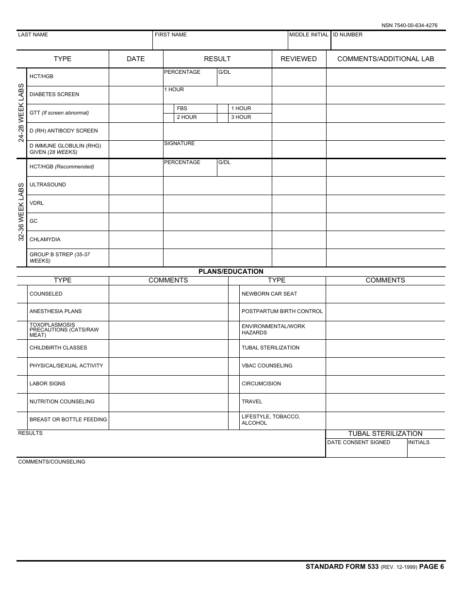 Form SF-533 Medical Record - Prenatal and Pregnancy, Page 6