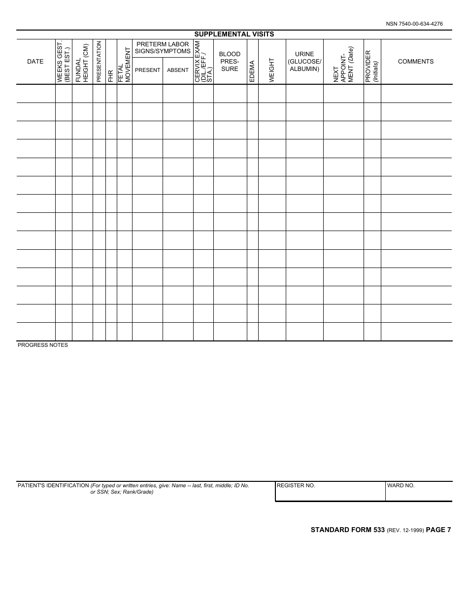 Form SF-533 Medical Record - Prenatal and Pregnancy, Page 7