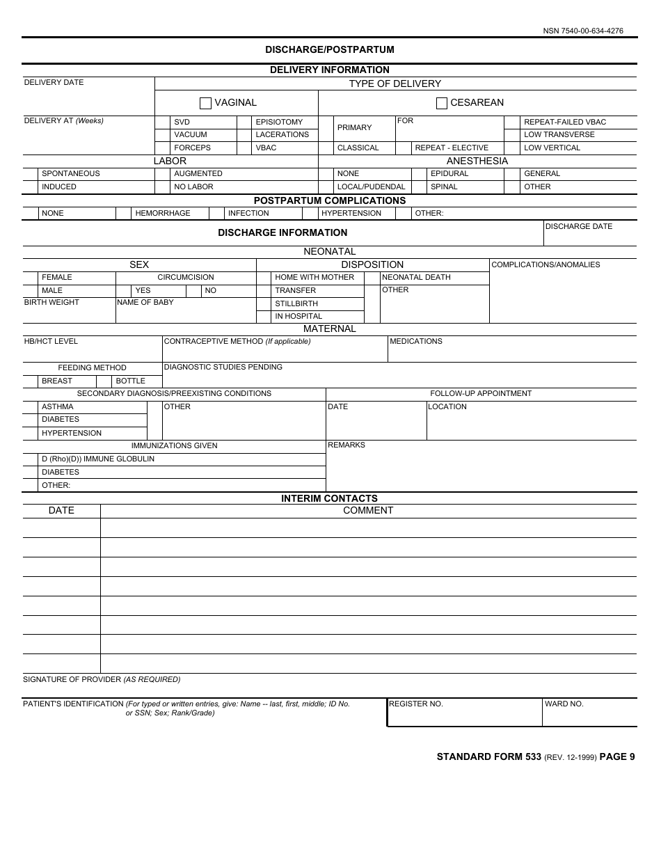 Form SF-533 Medical Record - Prenatal and Pregnancy, Page 9