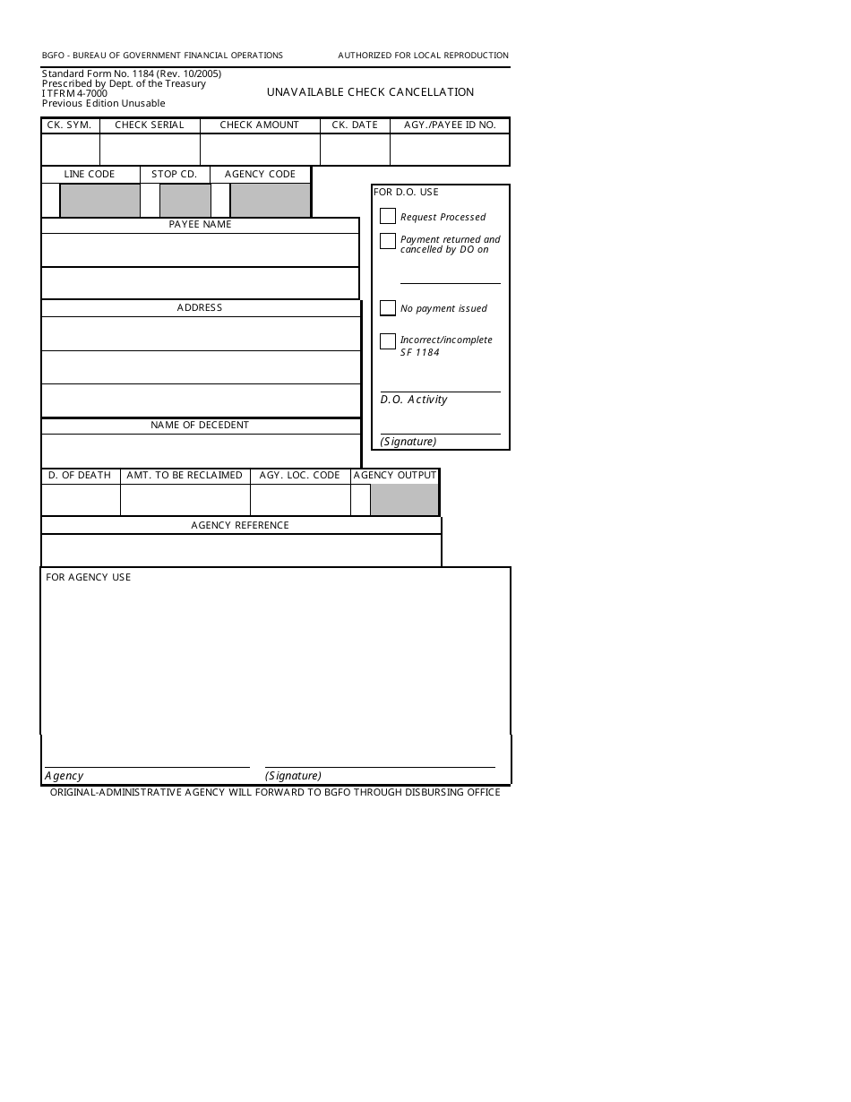 Form SF-1184 Unavailable Check Cancellation, Page 1