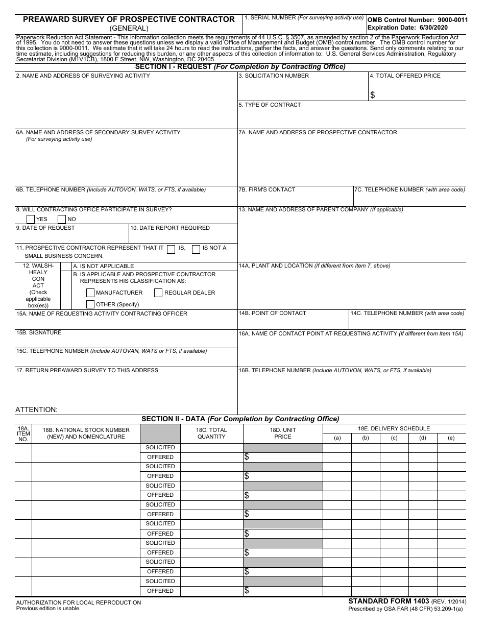 Form SF-1403 Preaward Survey of Prospective Contractor (General), Page 1