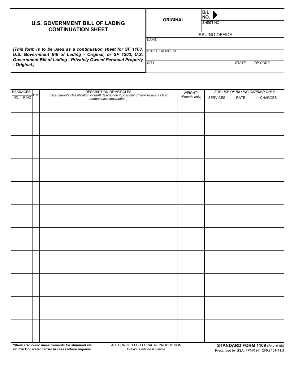 Form SF-1109 U.S. Government Bill of Lading - Continuation Sheet, Page 1
