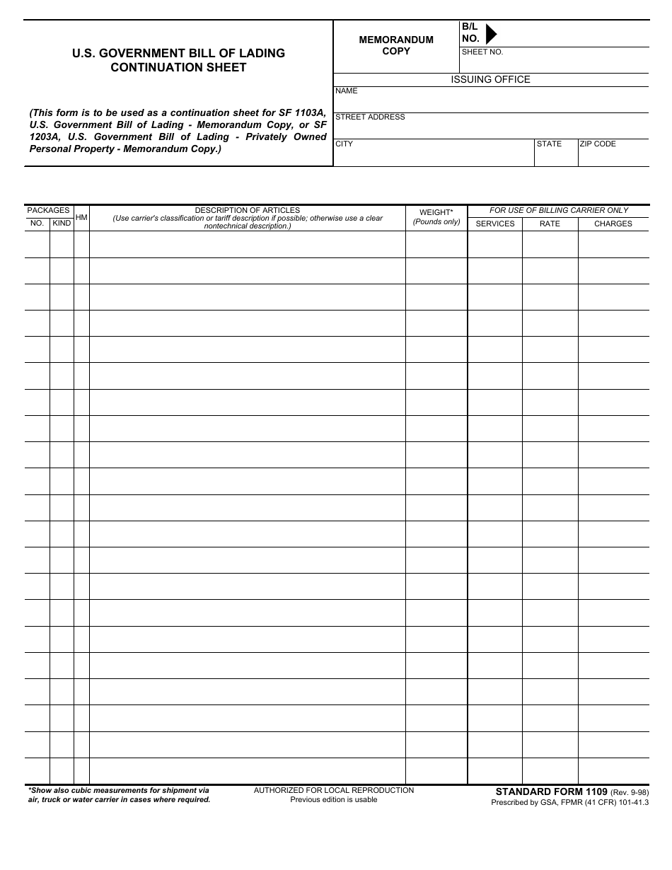 Form SF-1109 U.S. Government Bill of Lading - Continuation Sheet, Page 3