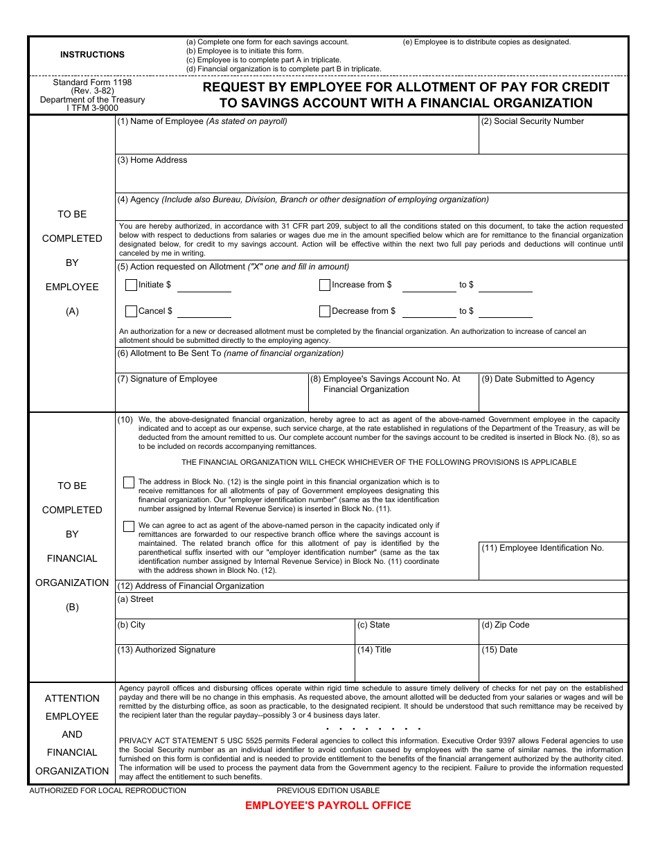Form SF-1198 Request by Employee for Allotment of Pay for Credit to Savings Account With a Financial Organization, Page 1