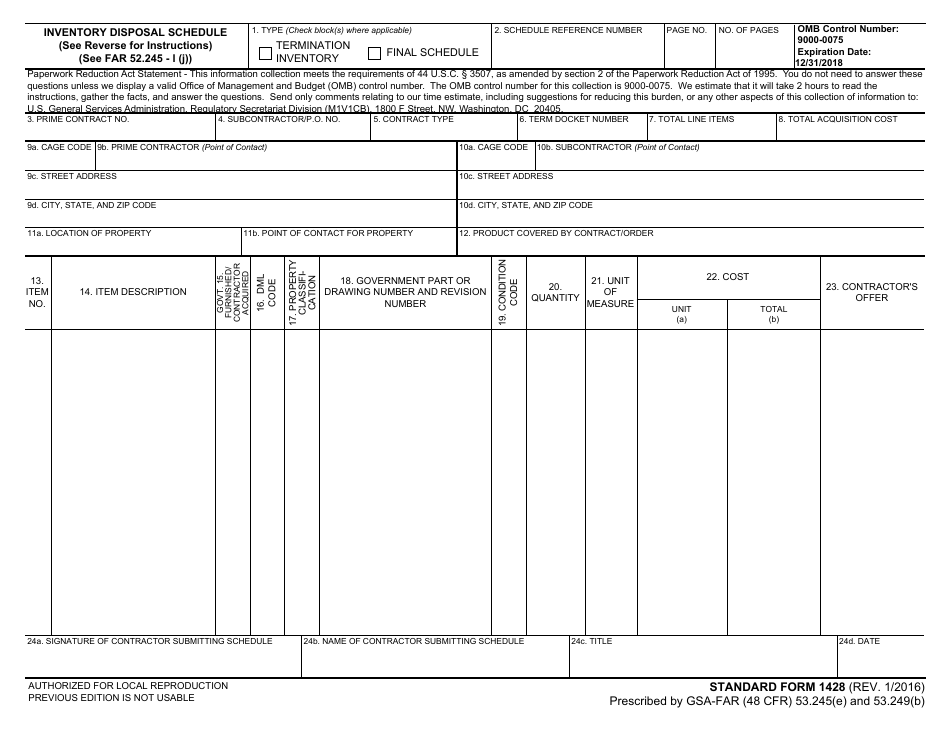 Form SF-1428 Inventory Disposal Schedule, Page 1