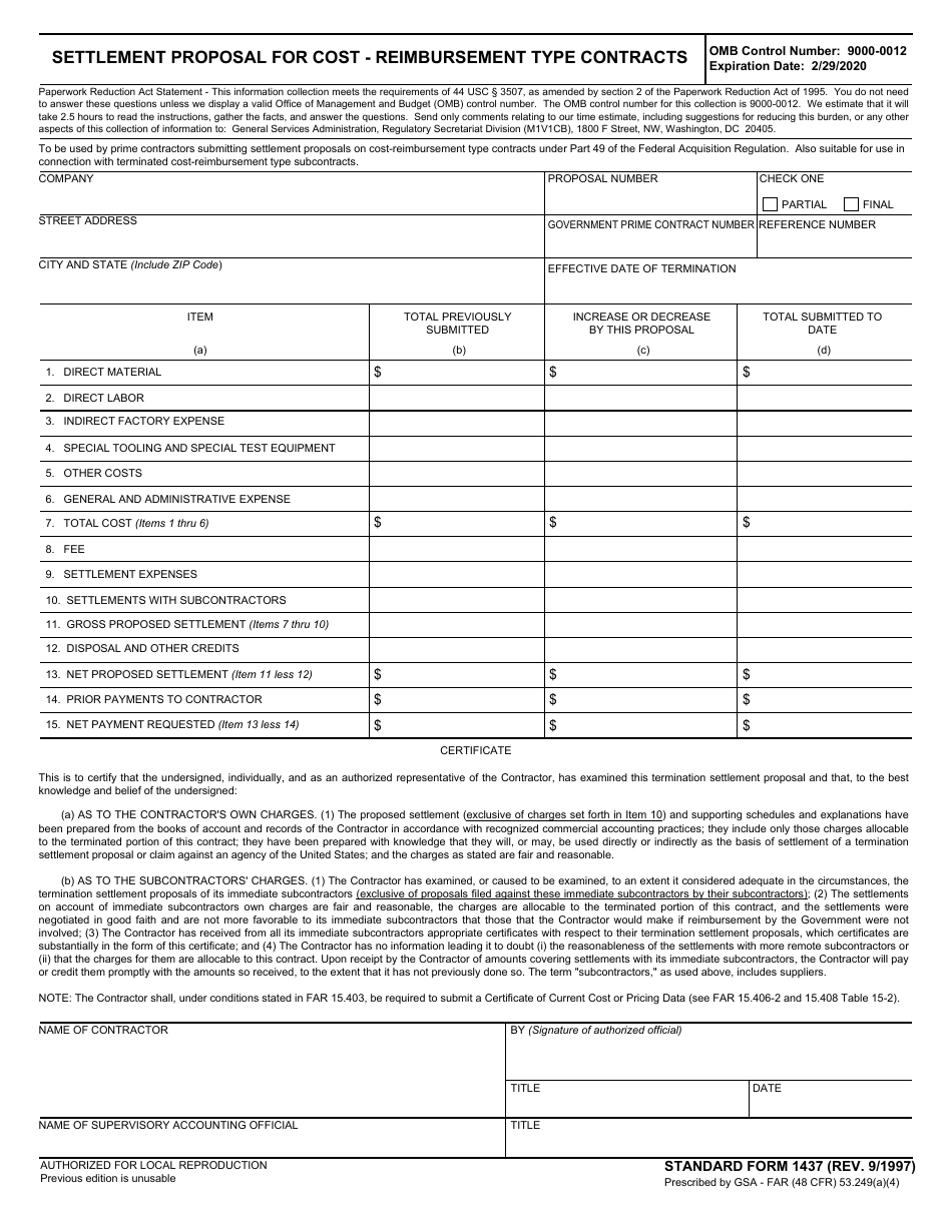 Form SF-1437 Settlement Proposal for Cost - Reimbursement Type Contracts, Page 1