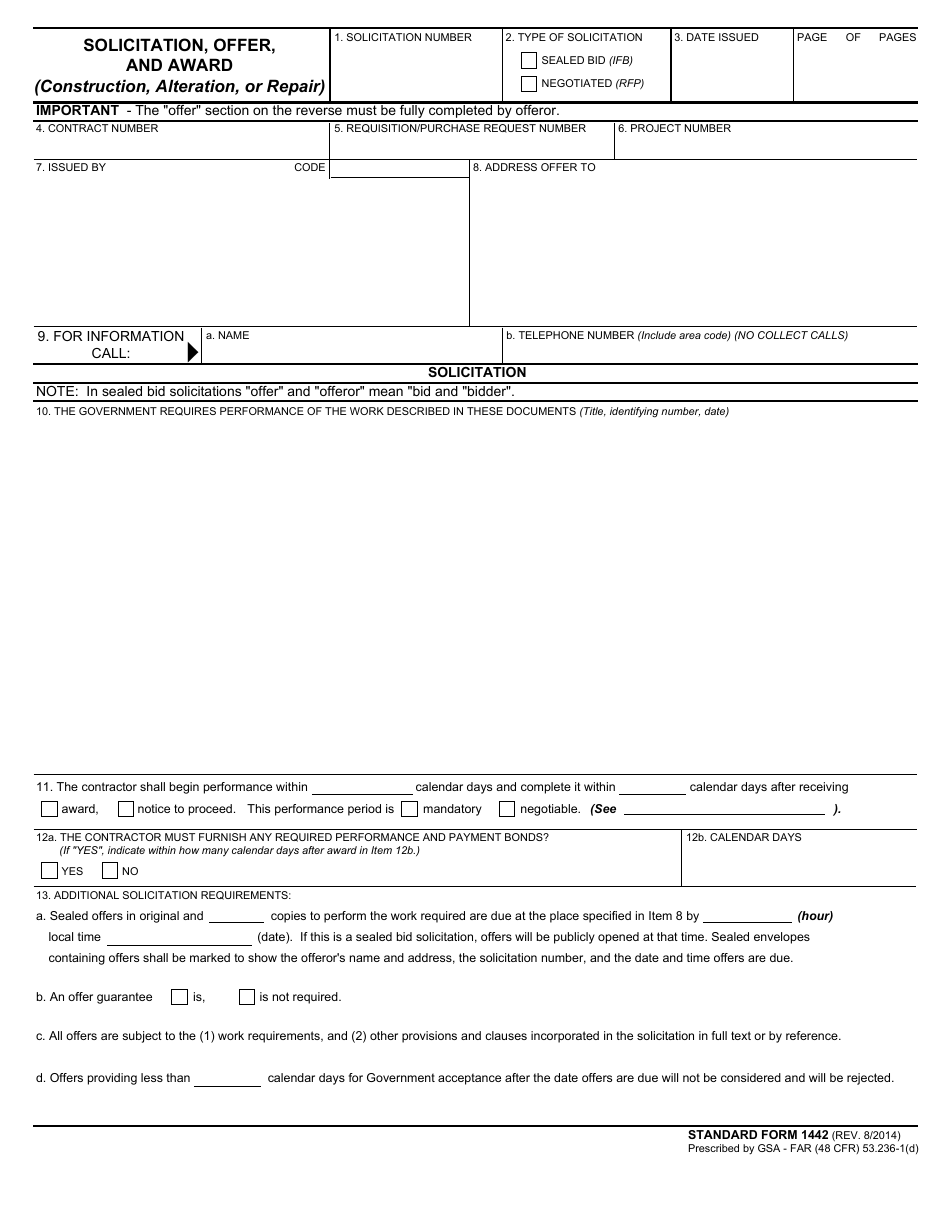 Form SF-1442 Solicitation, Offer, and Award (Construction, Alteration, or Repair), Page 1