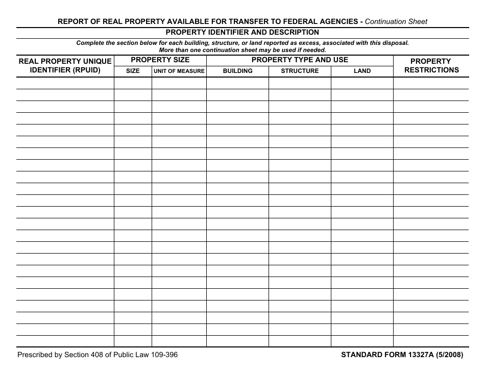 Form SF-13327A Report of Real Property Available for Transfer to Federal Agencies - Continuation Sheet, Page 1