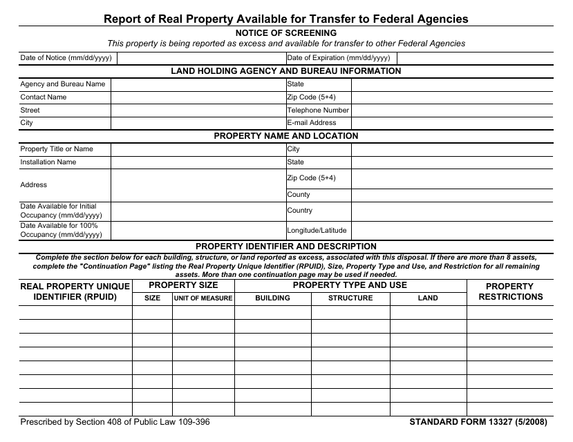 Form SF-13327 Report of Real Property Available for Transfer to Federal Agencies