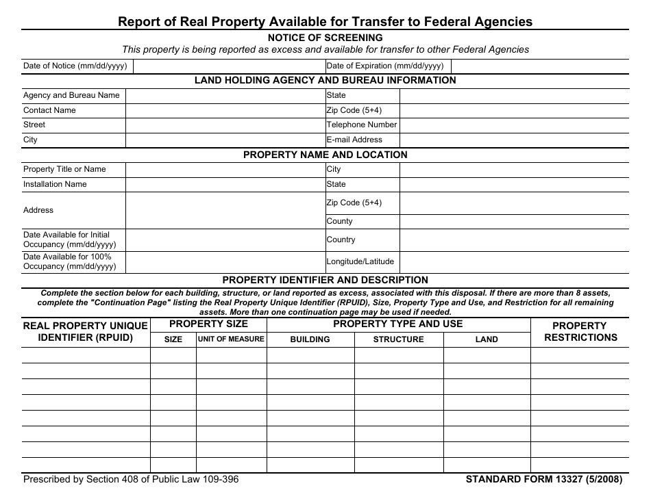 Form SF-13327 Report of Real Property Available for Transfer to Federal Agencies, Page 1