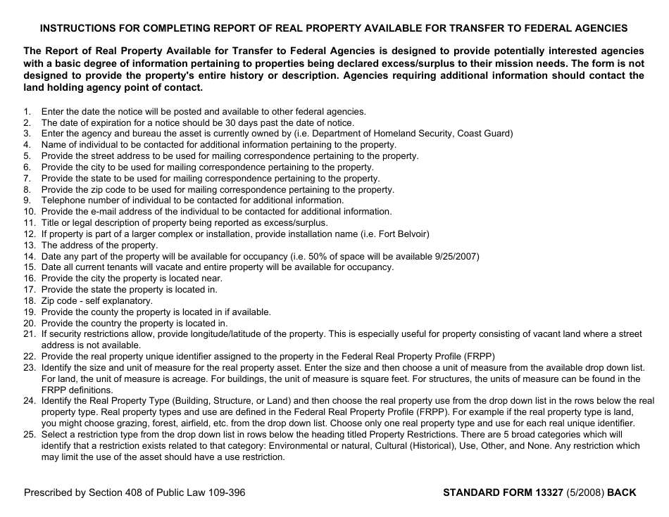 Form SF-13327 Report of Real Property Available for Transfer to Federal Agencies, Page 2