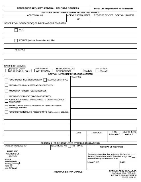 Optional Form 11 Reference Request - Federal Records Centers