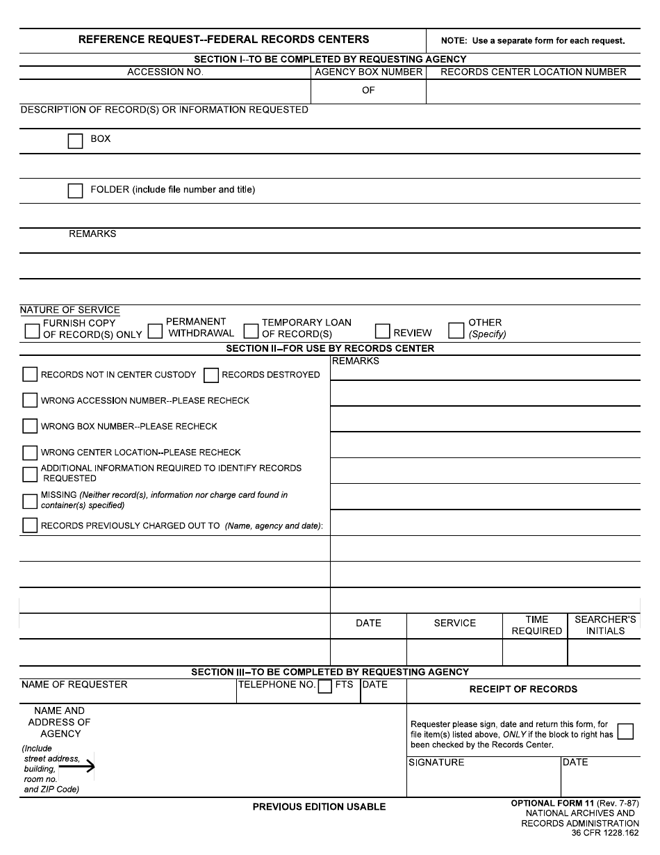 Optional Form 11 Reference Request - Federal Records Centers, Page 1