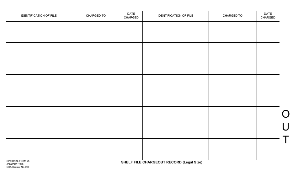 Optional Form 25 Shelf File Charge out Record (Legal Size), Page 1