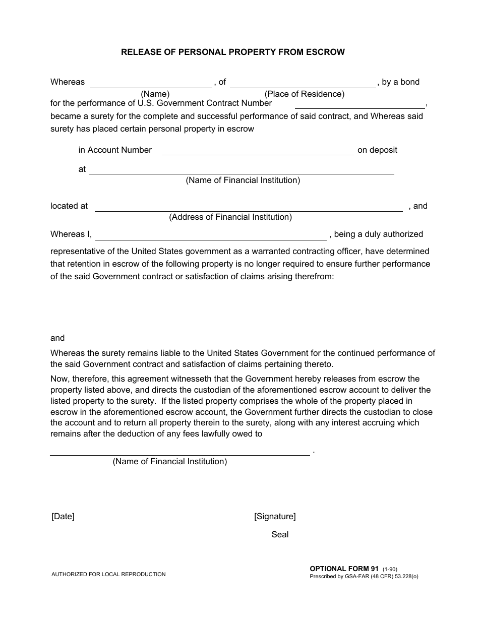 Optional Form 91 Release of Personal Property From Escrow, Page 1