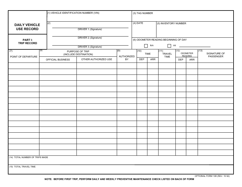 Optional Form 108 Daily Vehicle Use Record