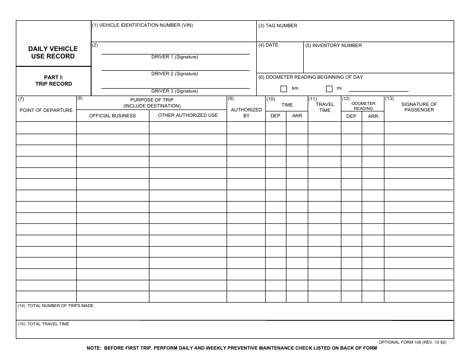 Optional Form 108 Daily Vehicle Use Record, Page 1
