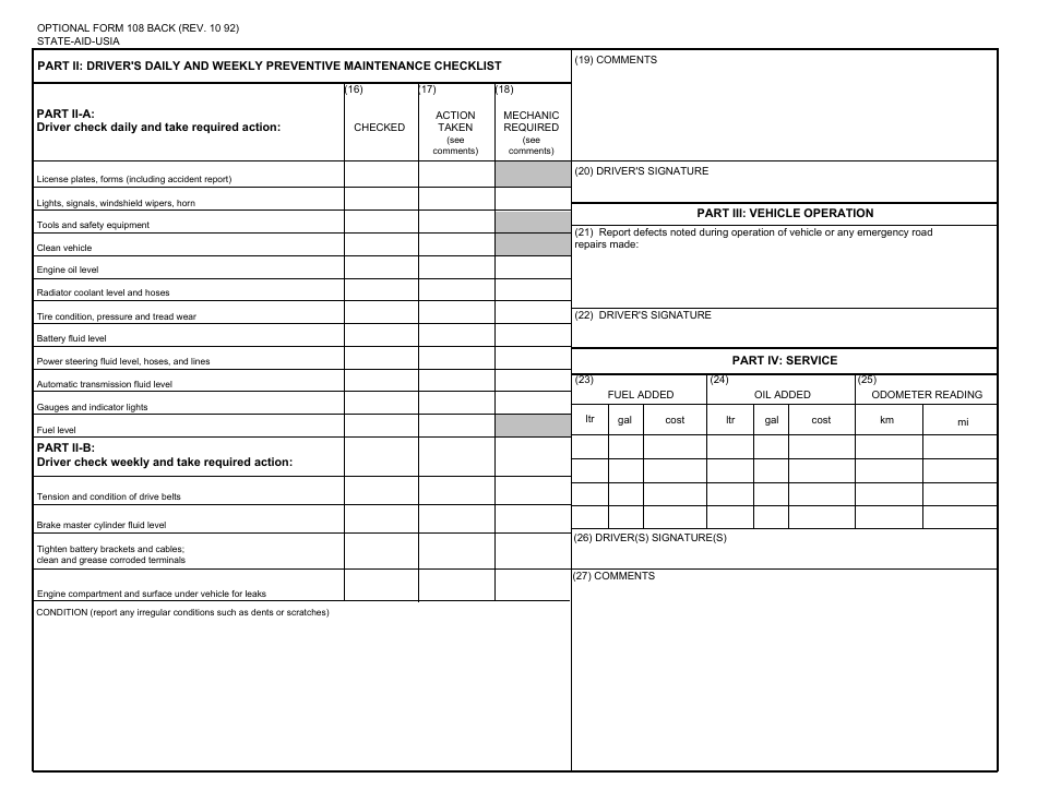 Optional Form 108 Daily Vehicle Use Record, Page 2