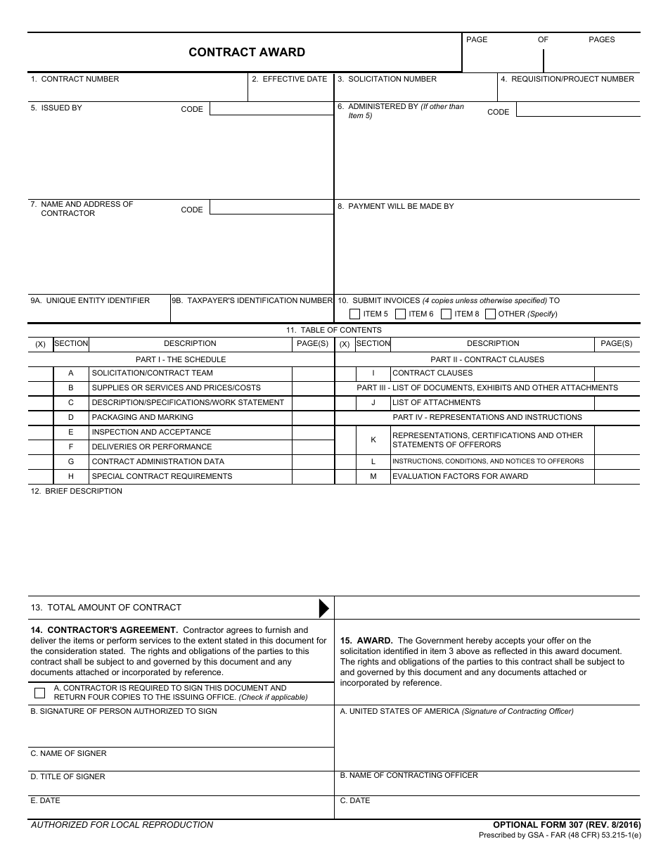 Optional Form 307 Contract Award, Page 1
