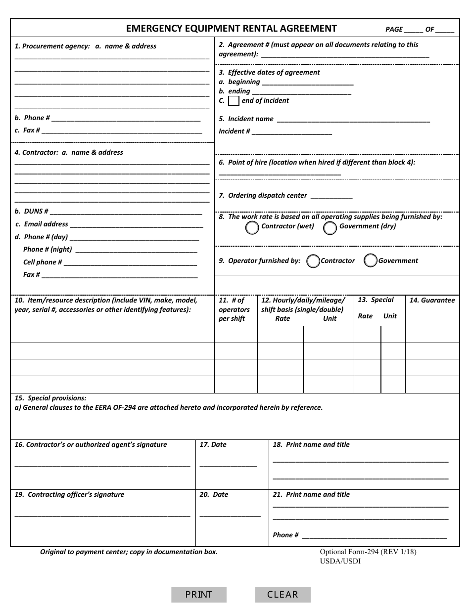 Optional Form 294 Emergency Equipment Rental Agreement, Page 1