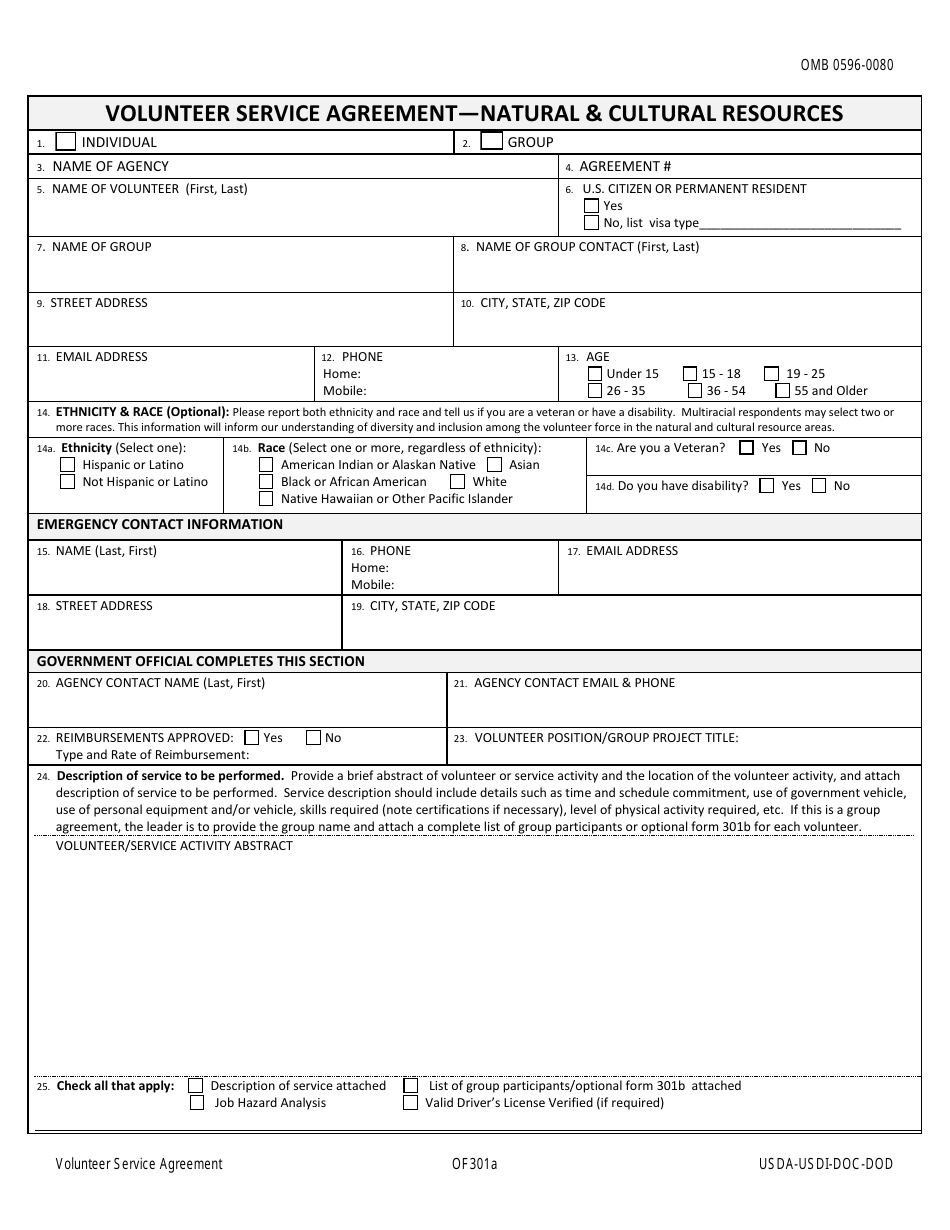Optional Form 301A Volunteer Service Agreement - Natural  Cultural Resources, Page 1