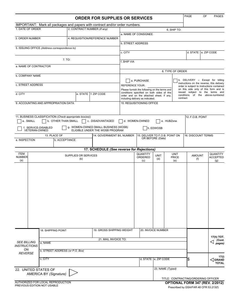 Optional Form 347 Order for Supplies or Services, Page 1