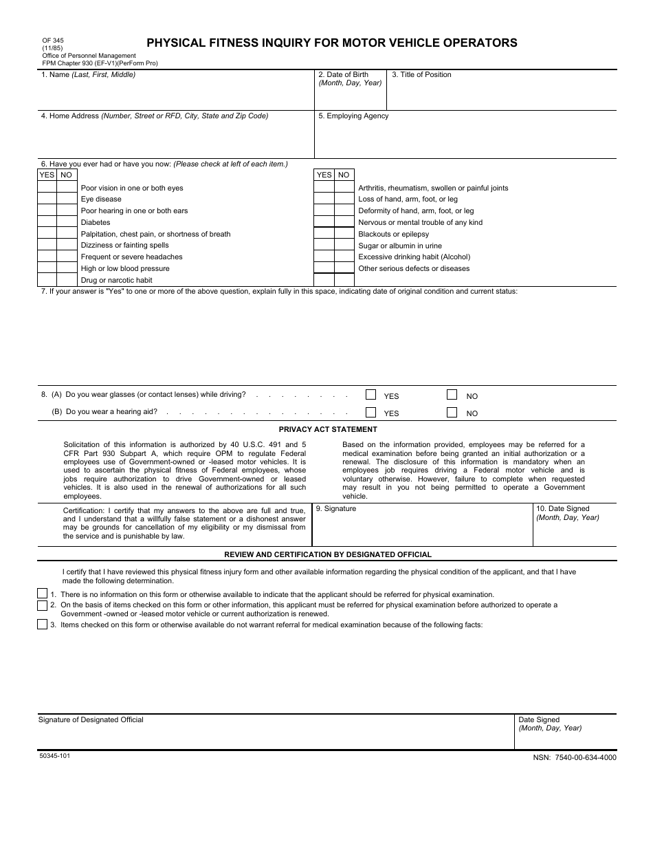 Optional Form 345 Physical Fitness Inquiry for Motor Vehicle Operators, Page 1