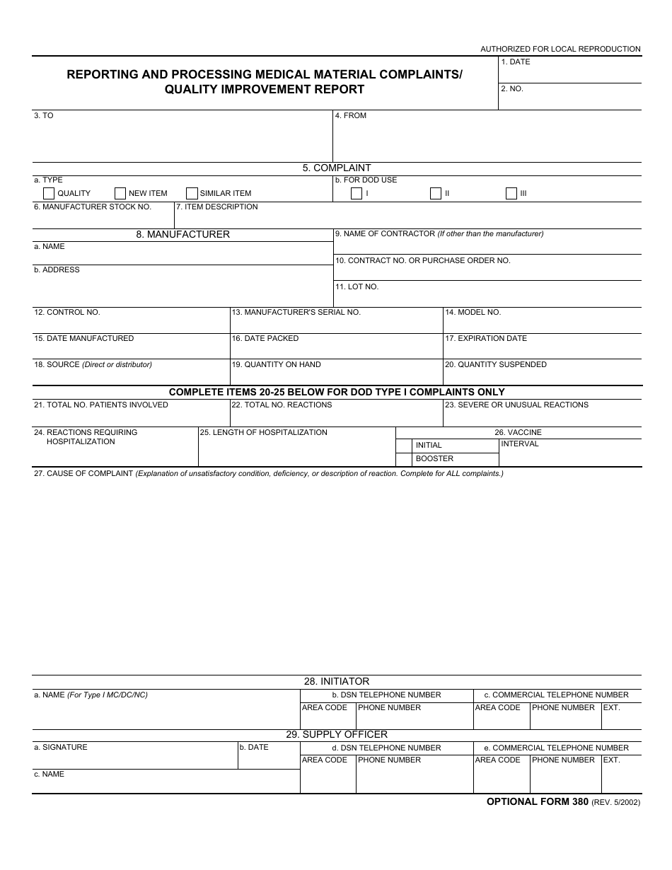 Optional Form 380 Reporting and Processing Medical Material Complaints / Quality Improvement Report, Page 1
