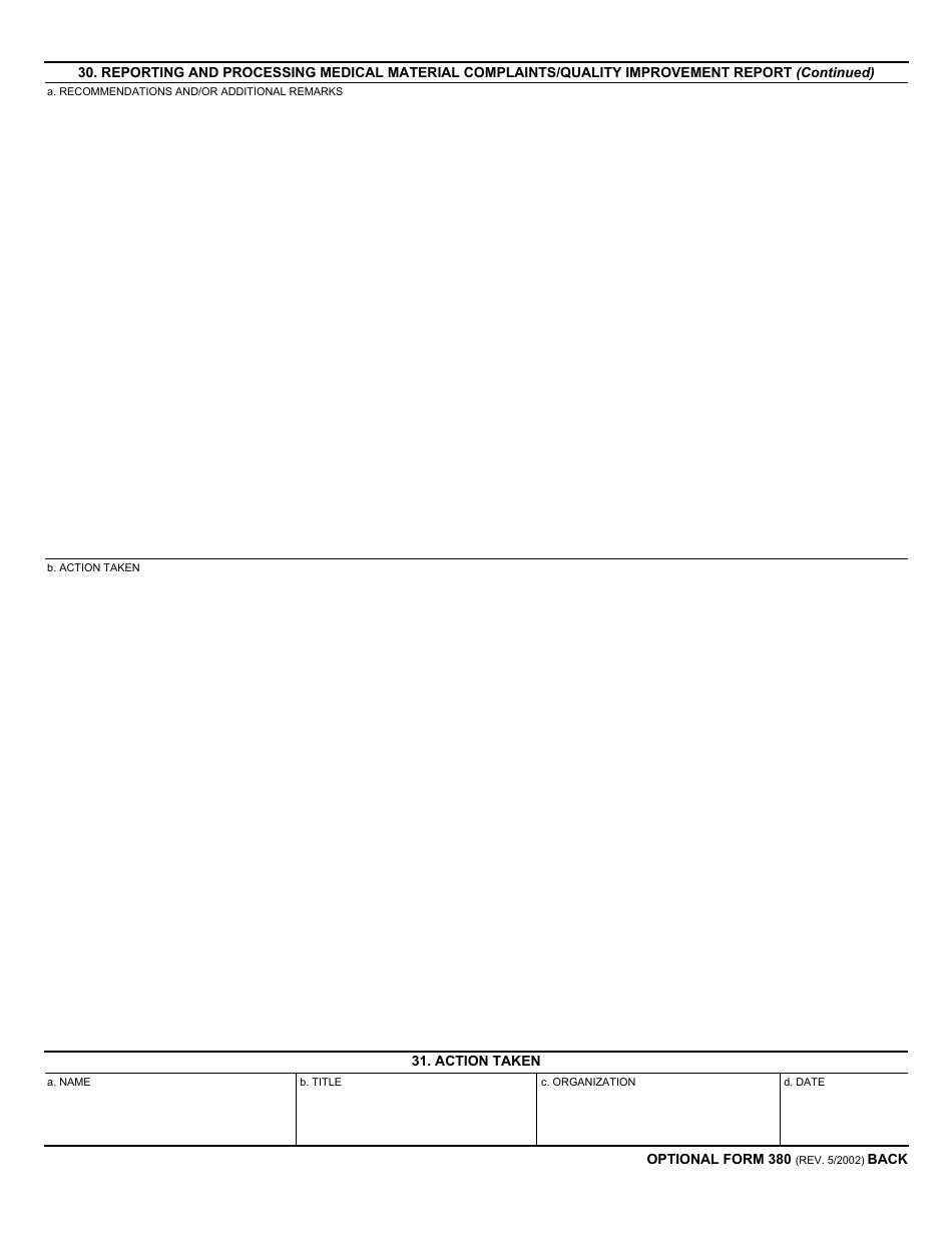 Optional Form 380 Reporting and Processing Medical Material Complaints / Quality Improvement Report, Page 2