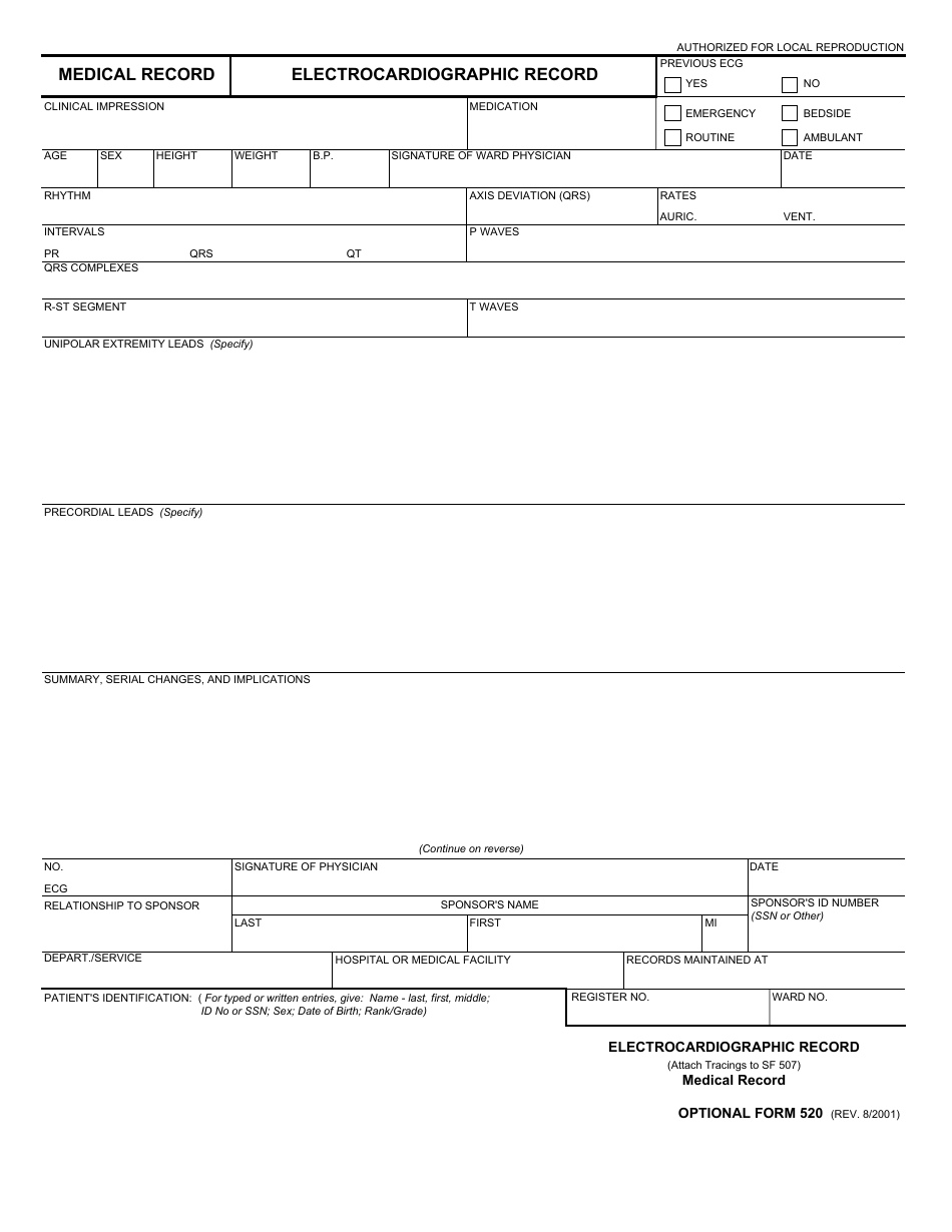 Optional Form 520 Medical Record - Electrocardiographic Record, Page 1