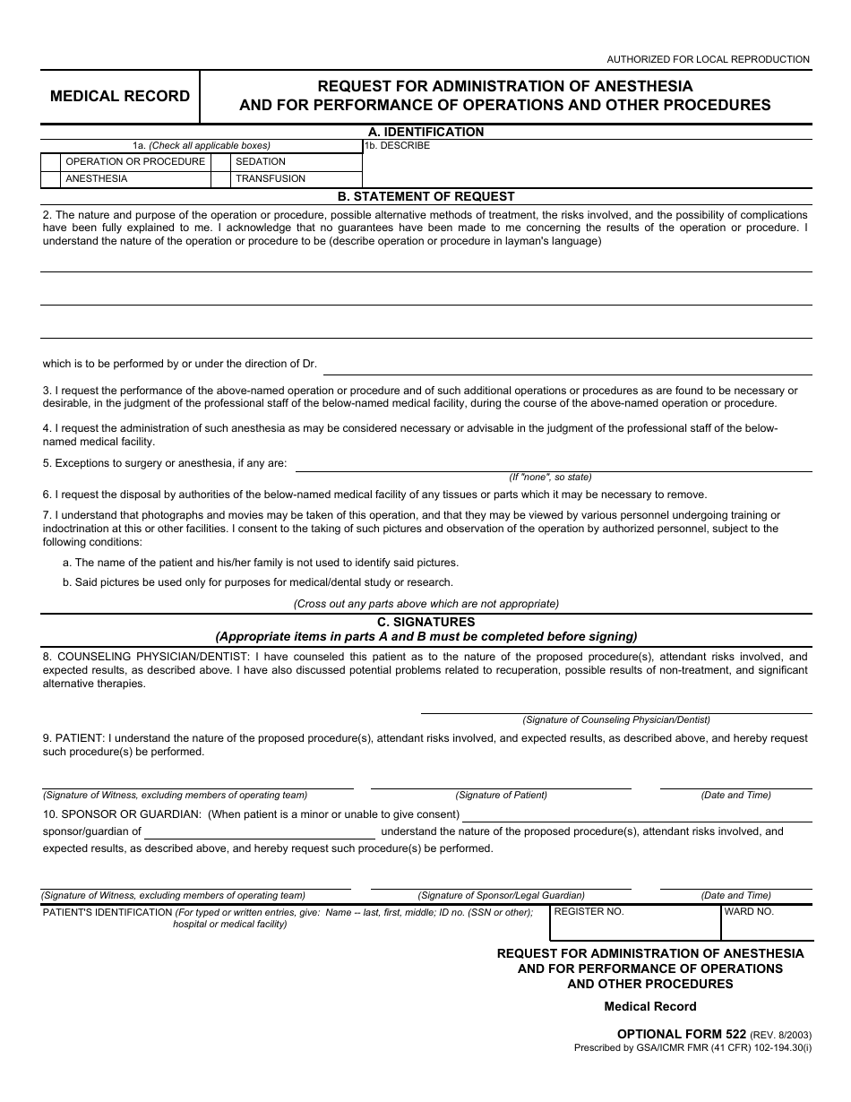Optional Form 522 Medical Record - Request for Administration of Anesthesia and Performance of Operations and Other Procedures, Page 1