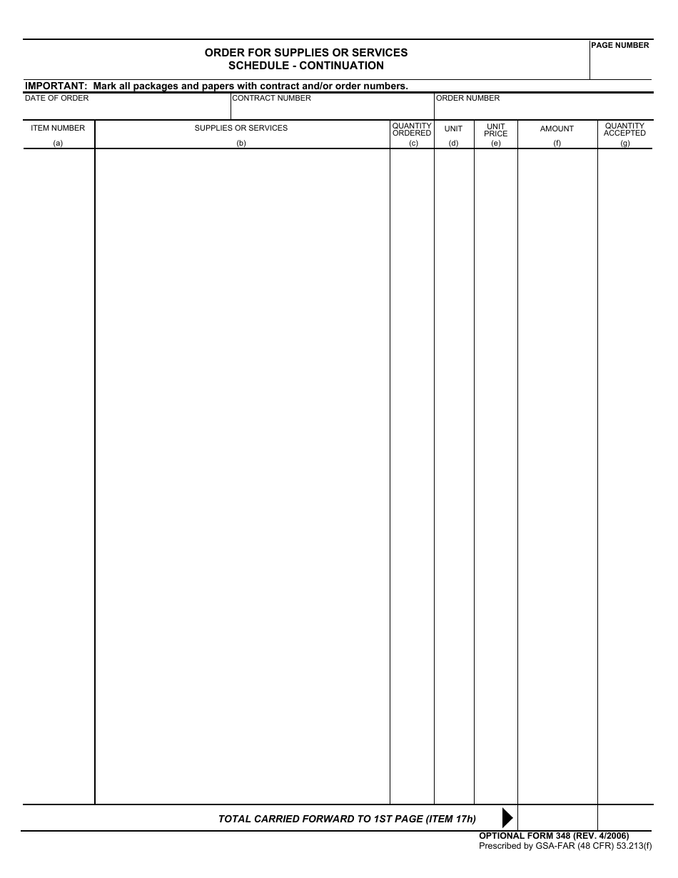 Optional Form 348 Order for Supplies and Services Schedule - Continuation, Page 1