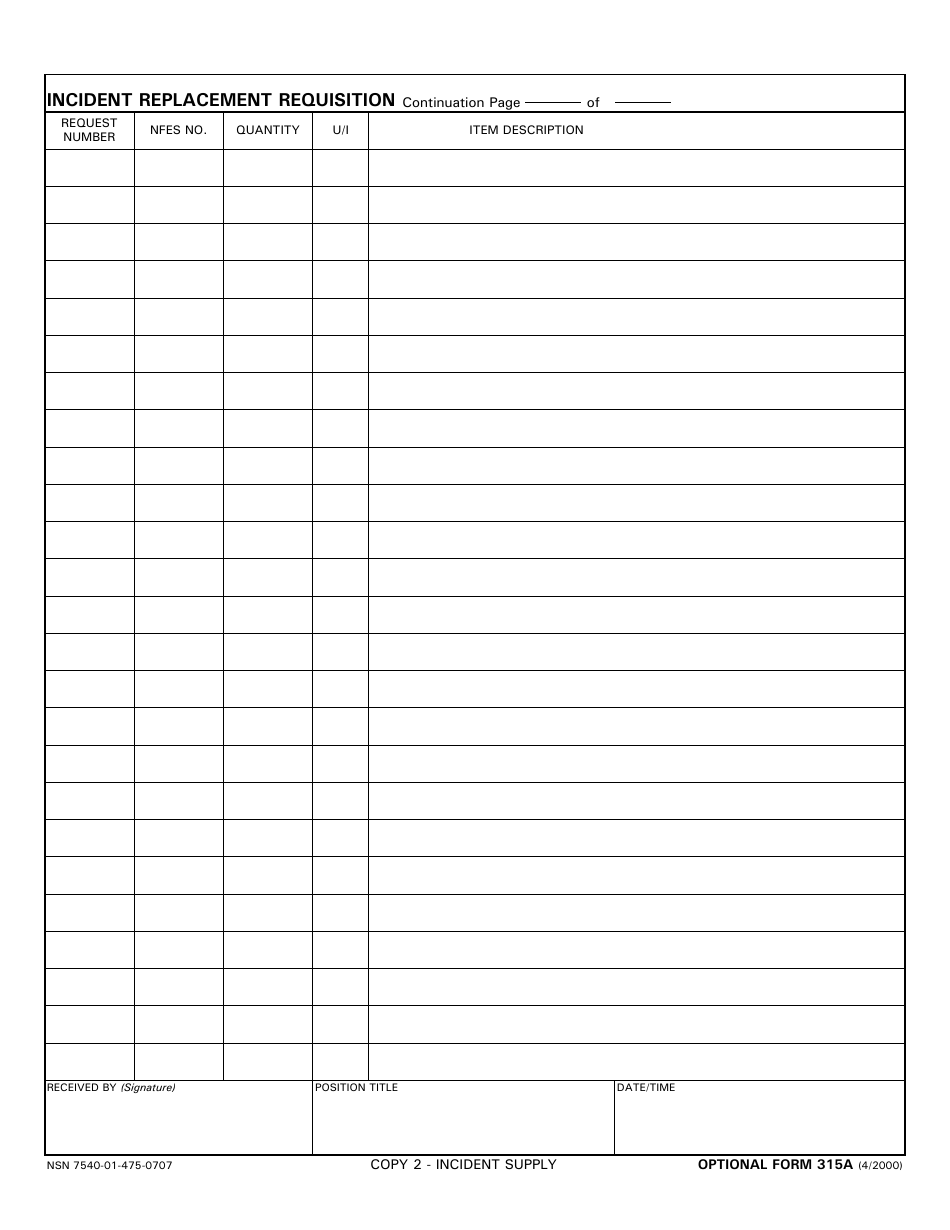 Optional Form 315A Incident Replacement Requisition - Continuation, Page 2