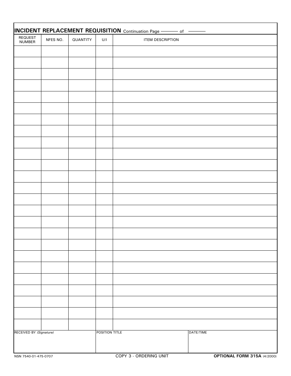 Optional Form 315A Incident Replacement Requisition - Continuation, Page 3
