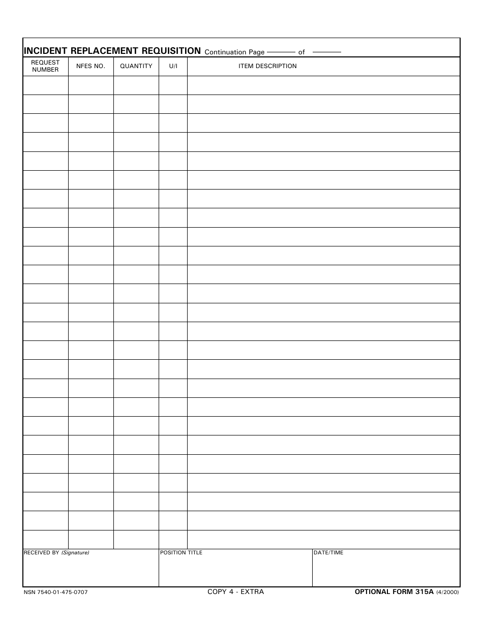 Optional Form 315A Incident Replacement Requisition - Continuation, Page 4