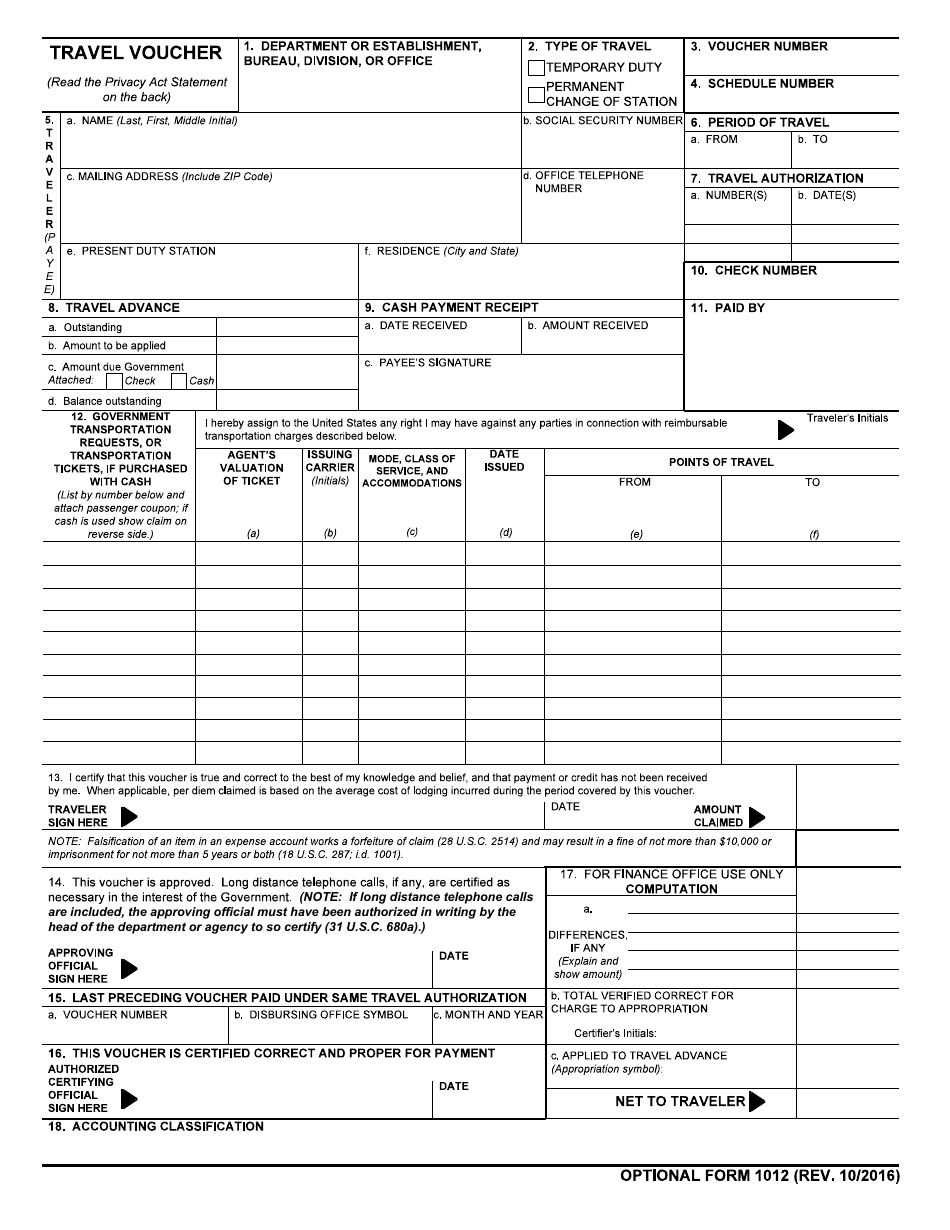 Optional Form 1012 Travel Voucher, Page 1