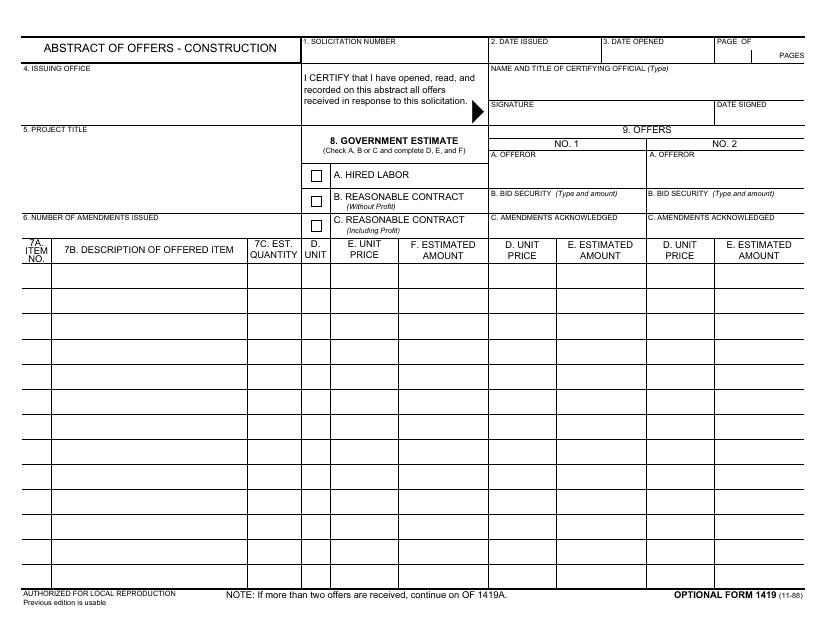 Optional Form 1419  Printable Pdf