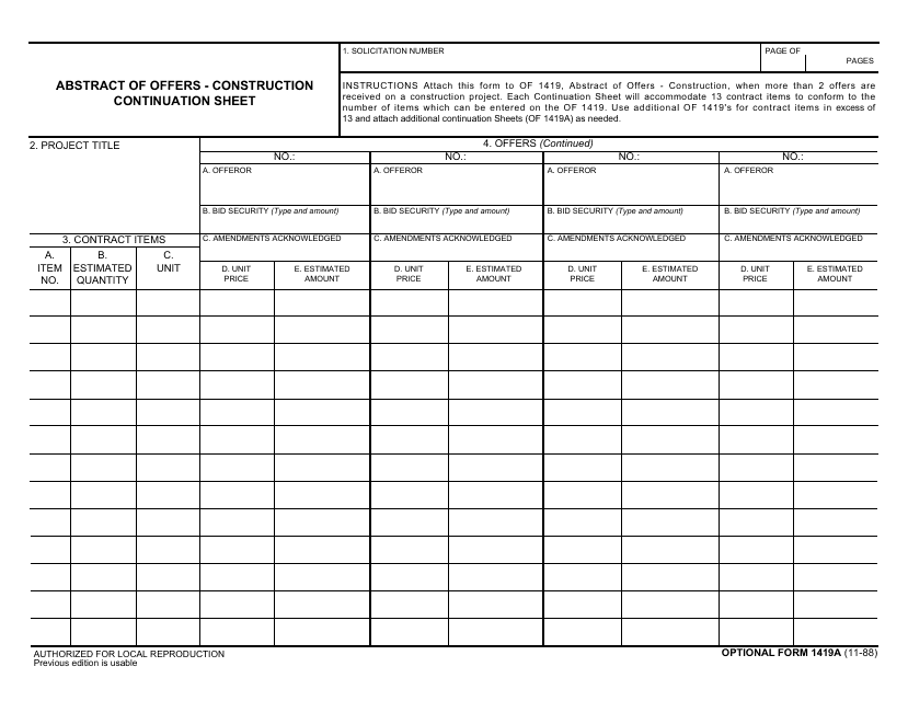 Optional Form 1419A Abstract of Offers - Construction (Continuation Sheet)