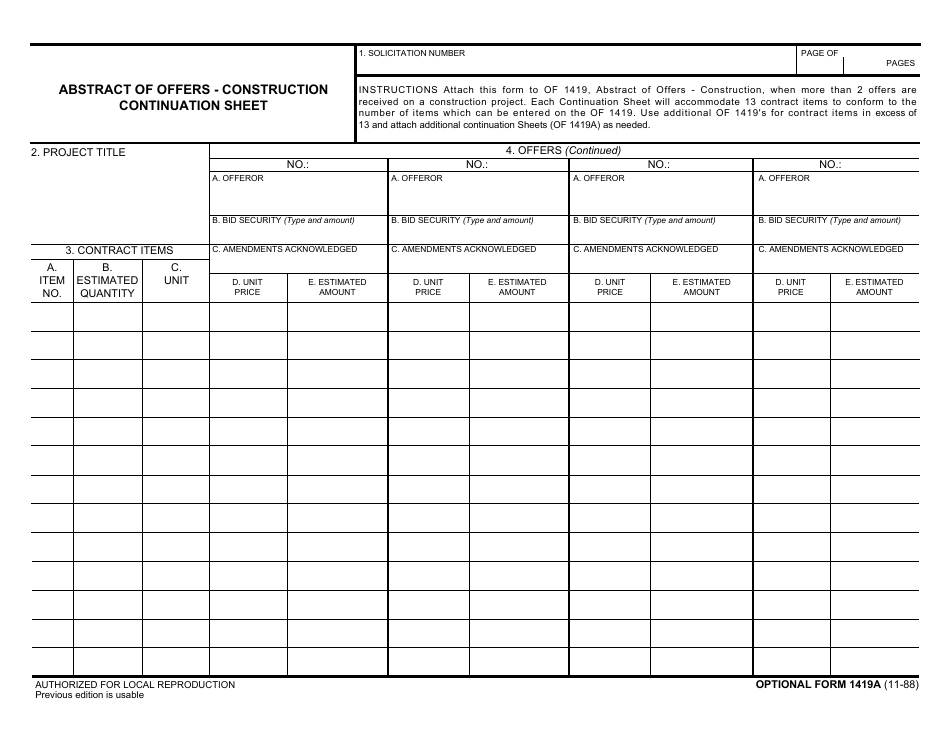 Optional Form 1419A Abstract of Offers - Construction (Continuation Sheet), Page 1