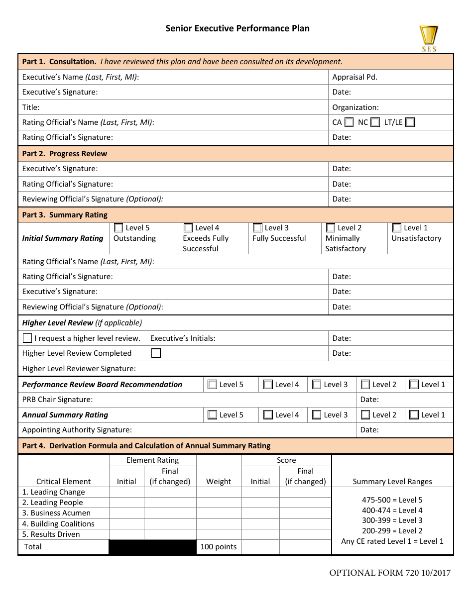 Optional Form 720 Download Fillable PDF or Fill Online Senior Executive  Performance Plan | Templateroller