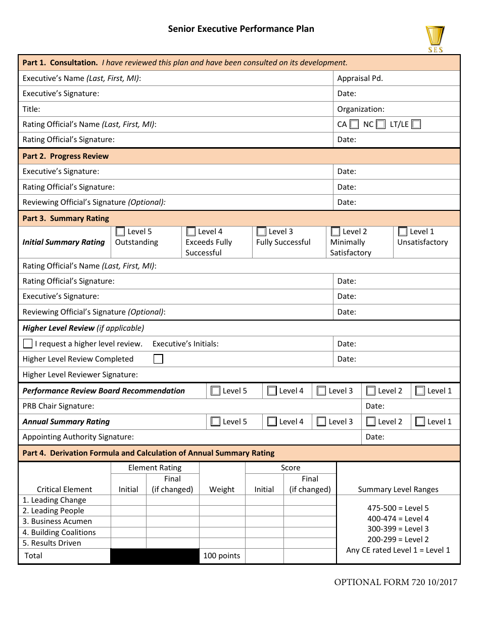 Optional Form 720 Senior Executive Performance Plan, Page 1