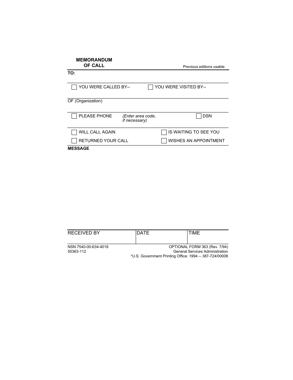 Optional Form 363 Memorandum of Call, Page 1