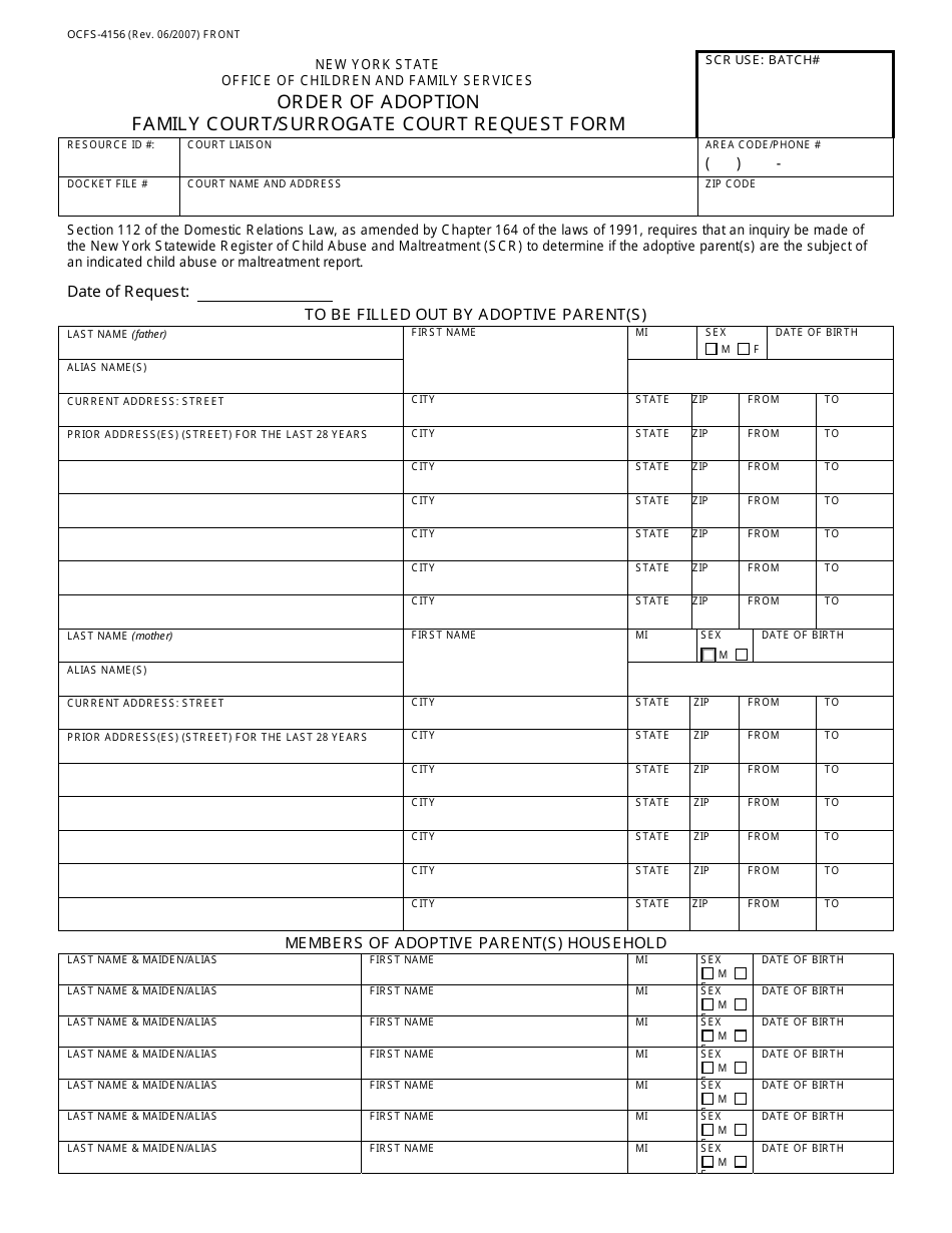 Form OCFS-4156 Order of Adoption Family Court / Surrogate Court Request Form - New York, Page 1