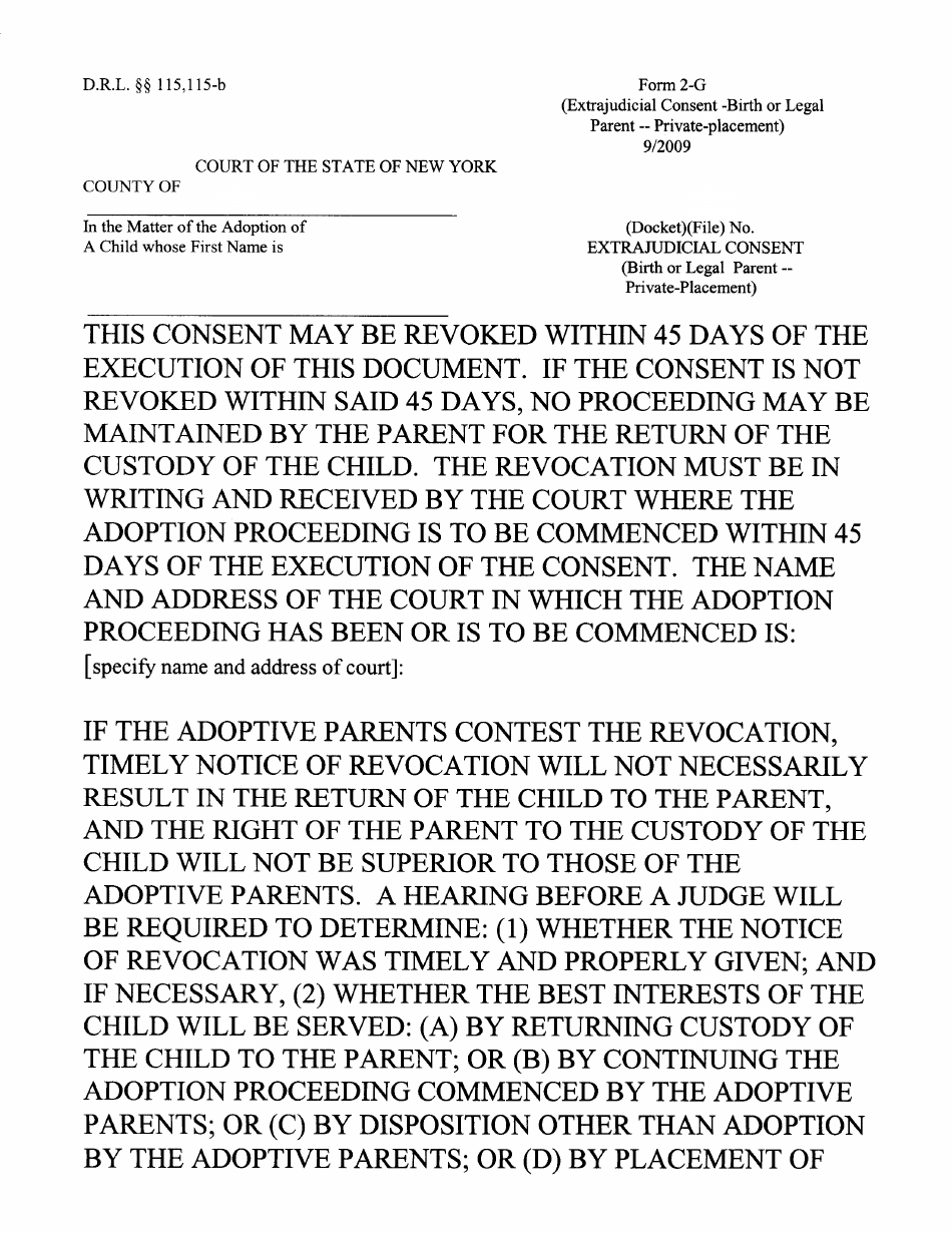 Form 2-G Extrajudicial Consent Birth or Legal Parent - Private-Placement - New York, Page 1