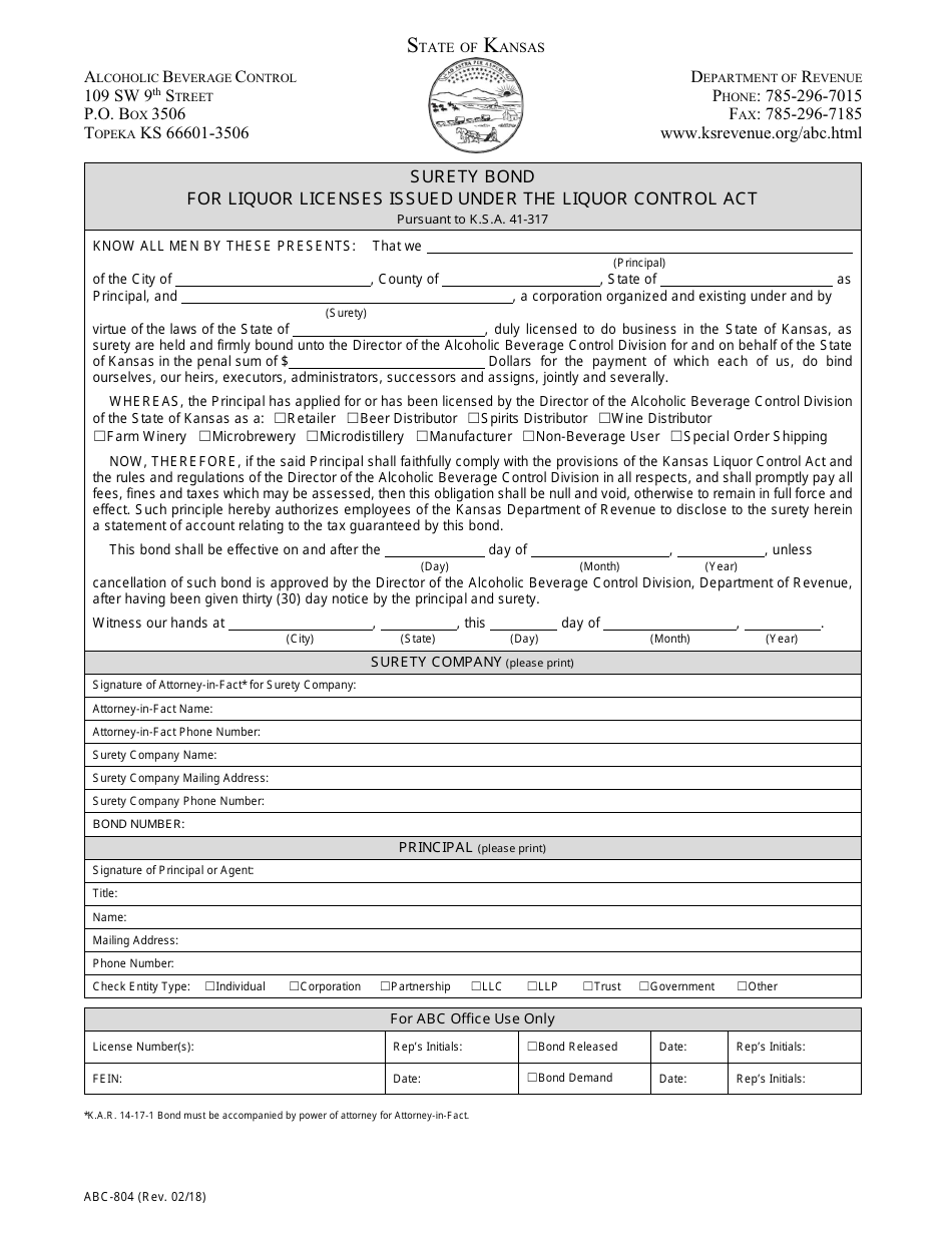 Form ABC-804 Surety Bond for Liquor Licenses Issued Under the Liquor Control Act - Kansas, Page 1