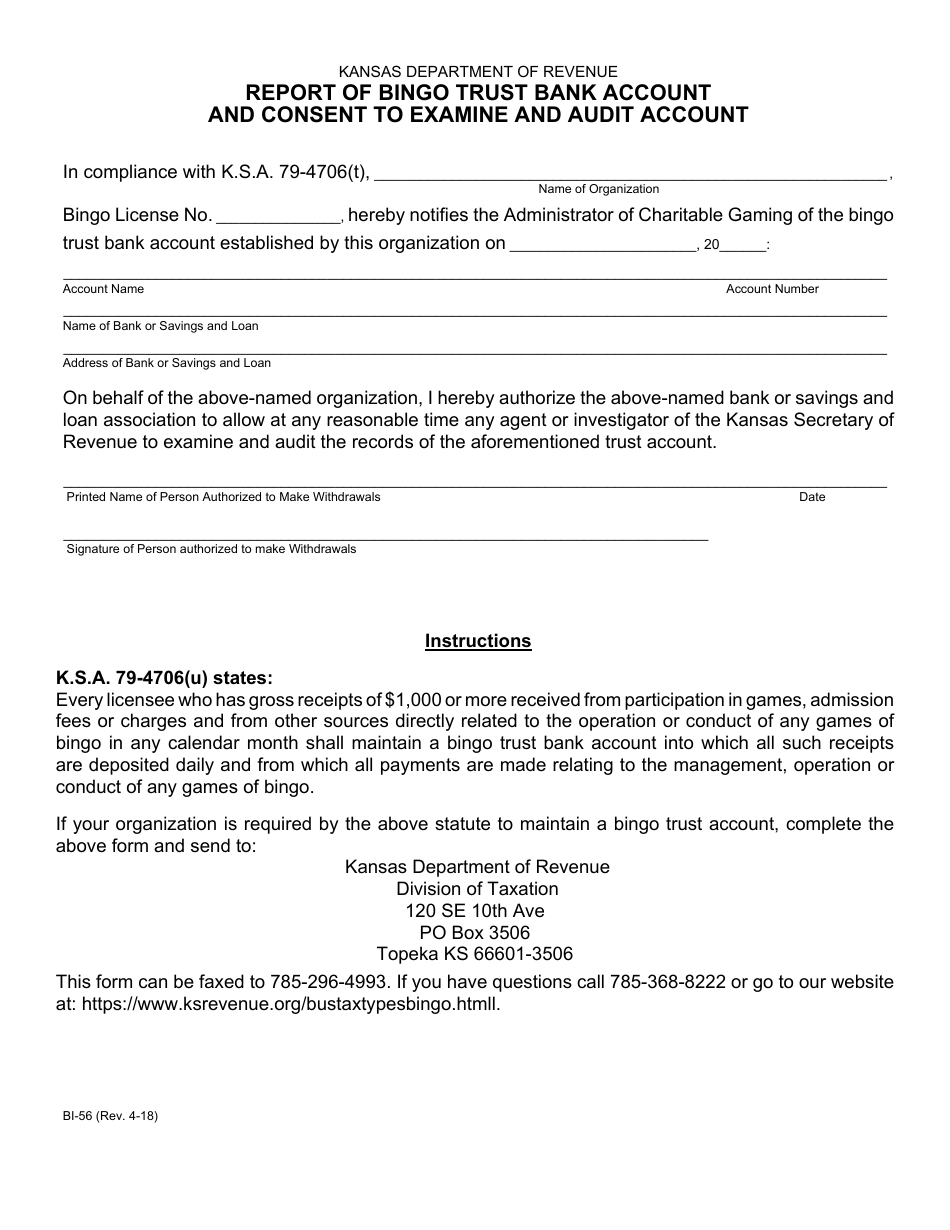 Form BI-56 Report of Bingo Trust Bank Accountand Consent to Examine and Audit Account - Kansas, Page 1