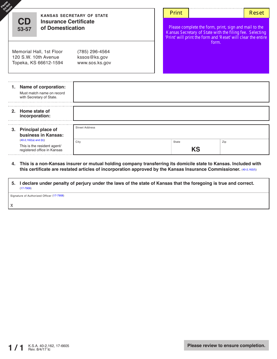 Form CD40-2 Insurance Certificate of Domestication - Kansas, Page 3