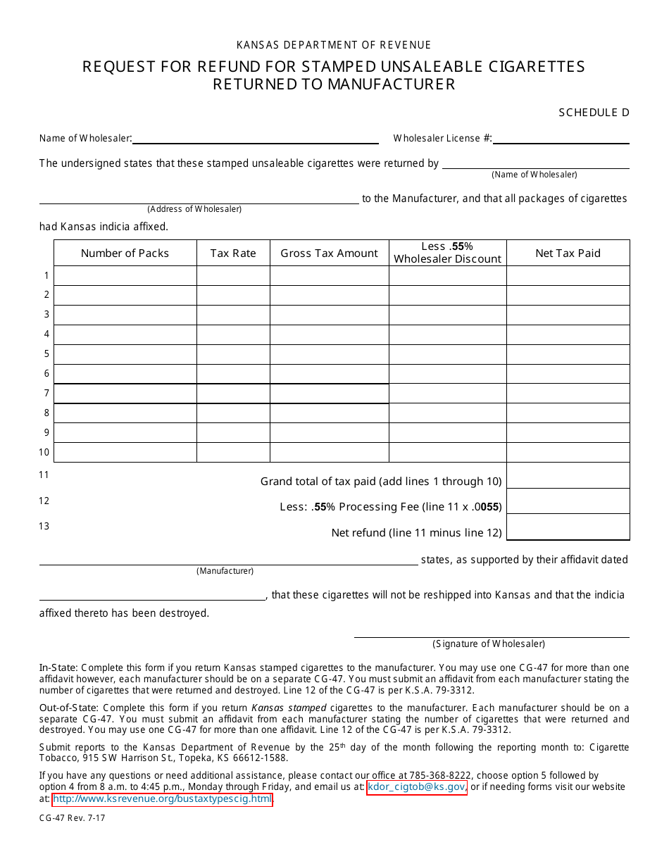 Form CG-47 Request for Refund for Stamped Unsaleable Cigarettes Returned to Manufacturer - Kansas, Page 1