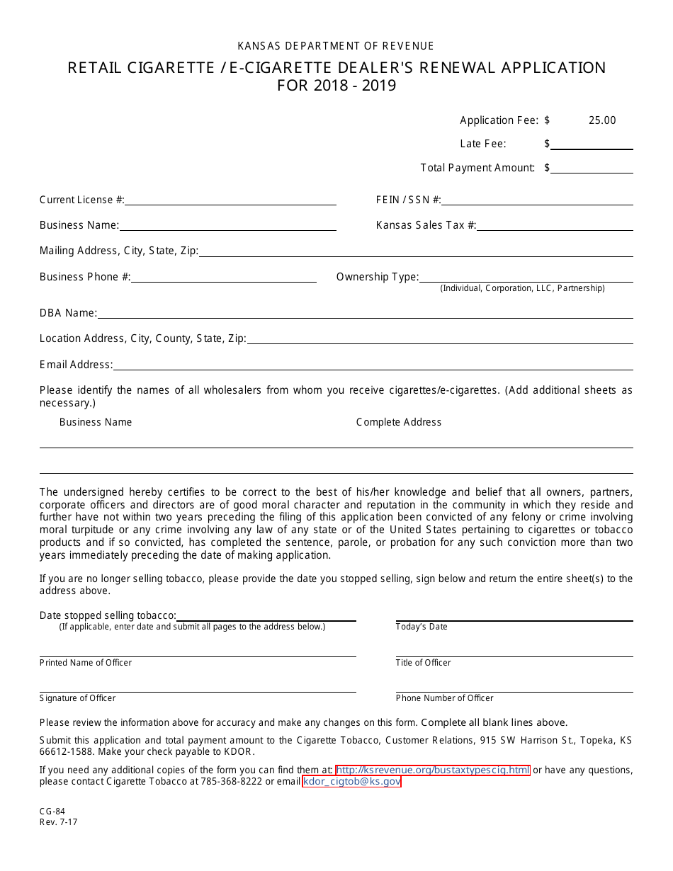 Form CG-84 Retail Cigarette / E-Cigarette Dealers Renewal Application - Kansas, Page 2