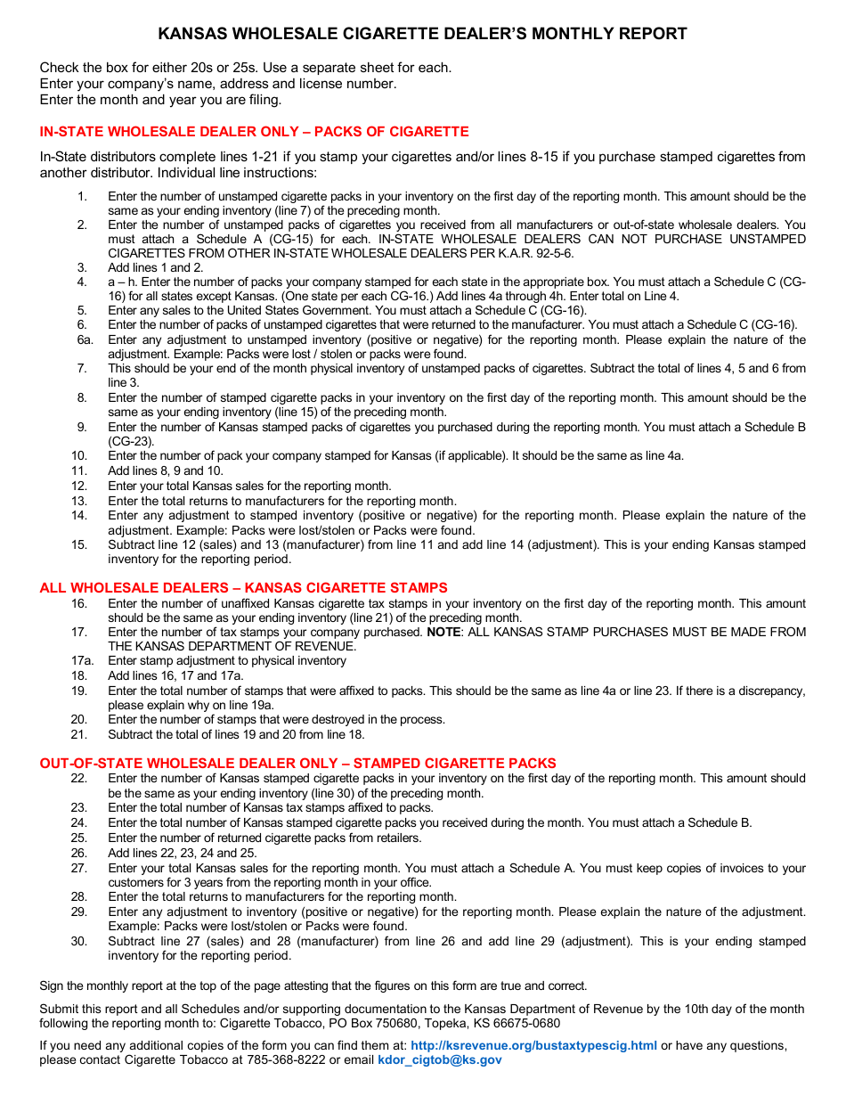 Form CG-8 Wholesale Cigarette Dealers Monthly Report - Kansas, Page 2